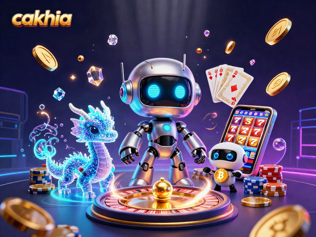 Cakhia sports betting scene with a futuristic robot, dragon, and drone amid golden coins and a roulette wheel.