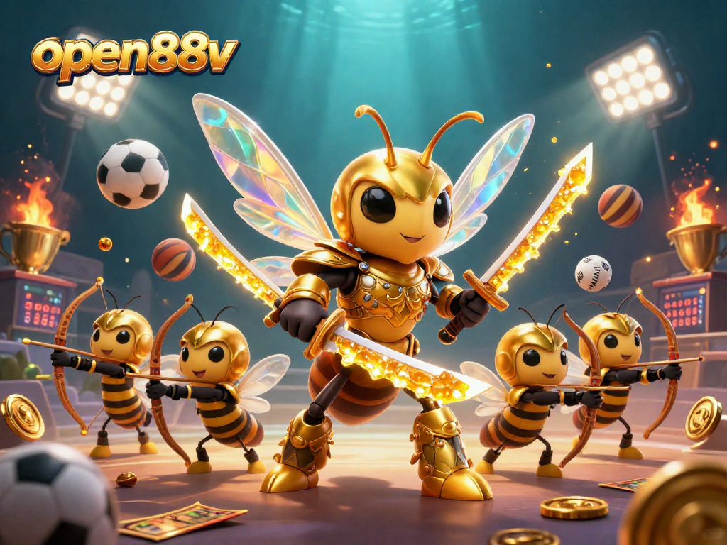 Bet on open88v with a dynamic casino scene featuring golden hornet samurai and sports elements