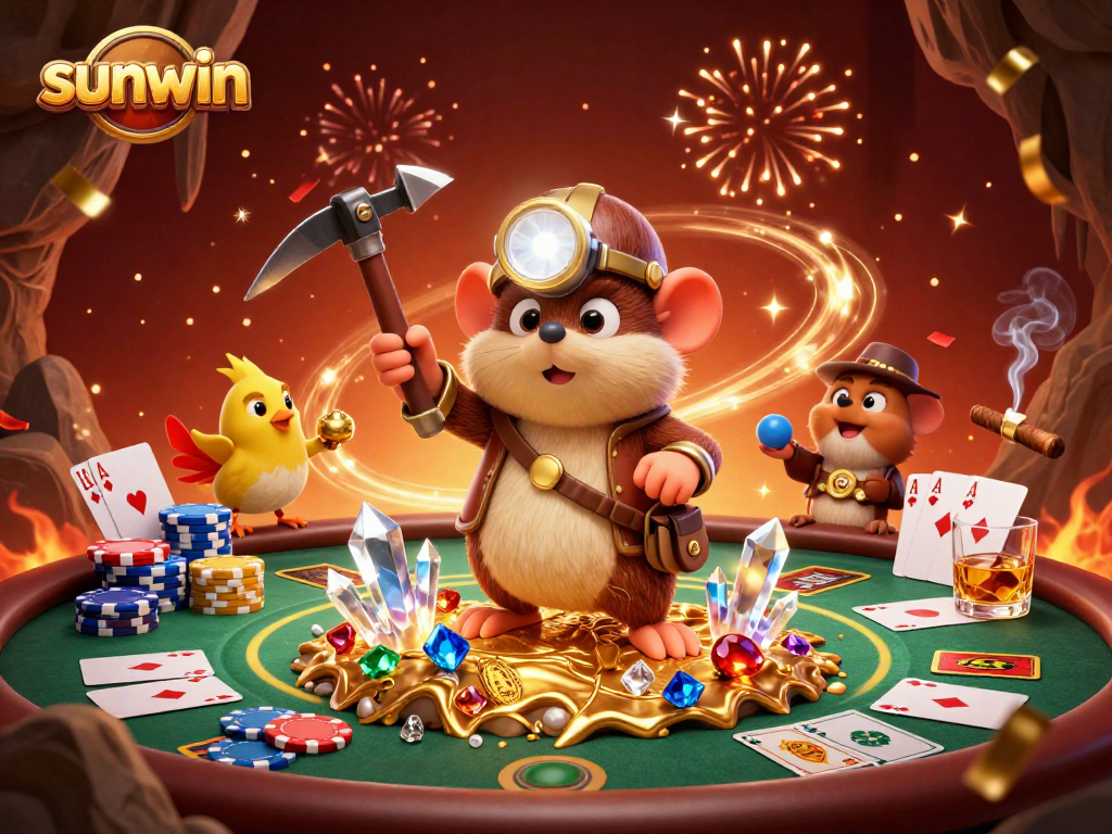 Experience the thrills of sunwin with this vibrant casino illustration featuring a treasure hunter and poker elements.