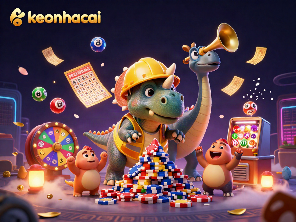 Capture the excitement of keonhacai with a 3D cartoon scene of a triceratops and friends celebrating as they build a pyramid of poker chips.