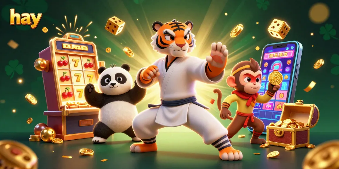 Spin the reels with hay and witness a joyful scene of a kung fu tiger, panda, and monkey amid a jackpot explosion.