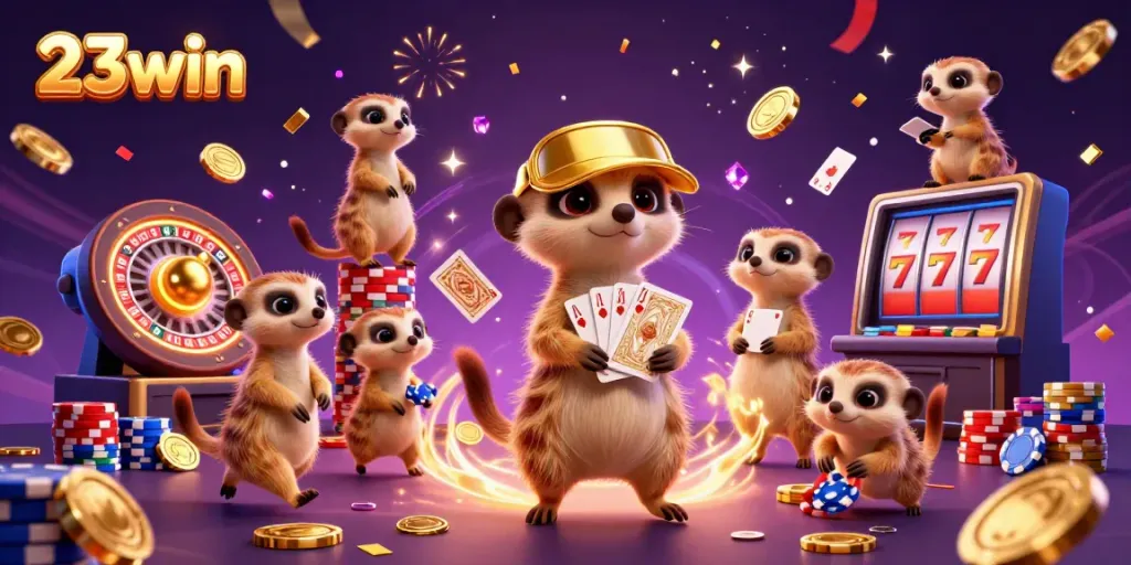 Experience the dynamic excitement of 23win's casino with meerkats delighting in casino games and golden rewards.