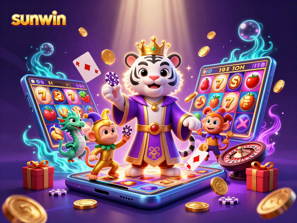 Engage with sunwin through an exciting 3D illustration showcasing vibrant slots and rich casino elements.