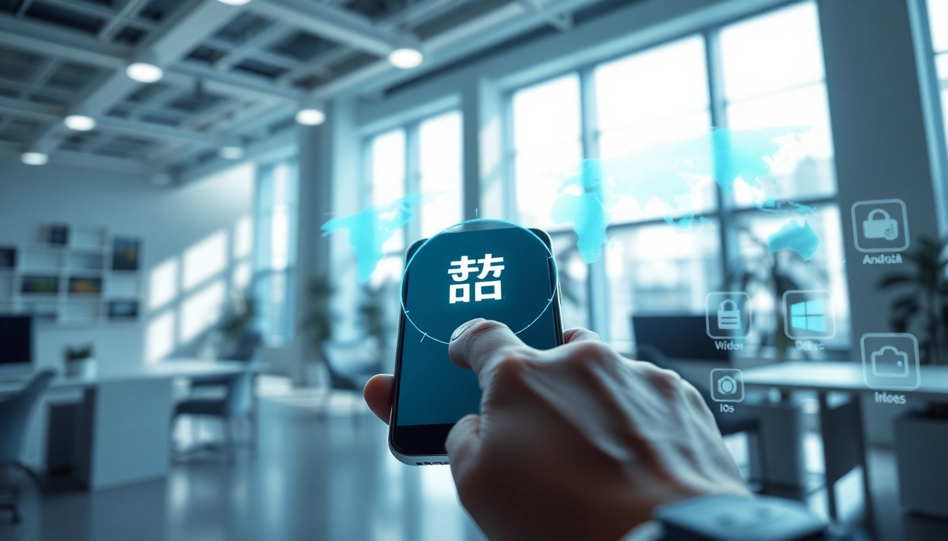 Experience seamless connectivity with 快连官网 app displayed on a sleek Android device in a modern workspace.