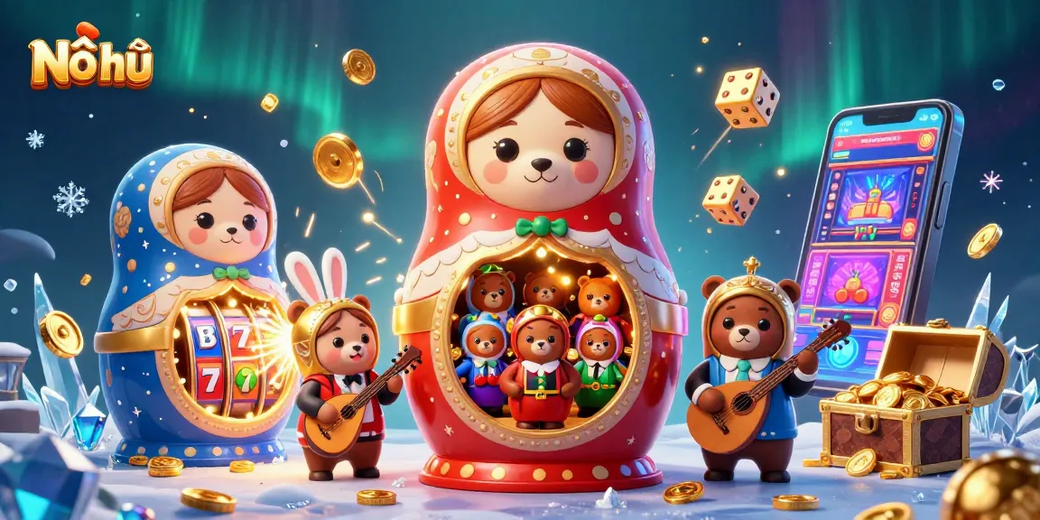 Nổ hũ illustration showing a jackpot explosion, featuring a Matryoshka bear and a serenading rabbit with casino elements.