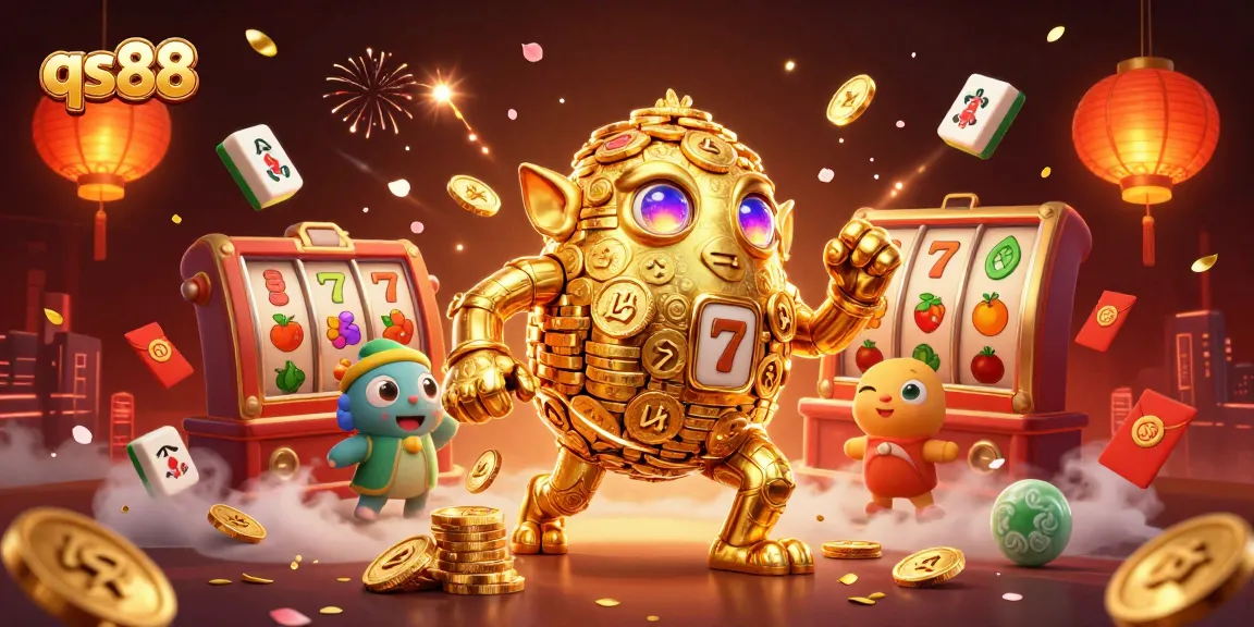Experience the action of qs88 with a vibrant 3D cartoon illustration featuring a golden golem and slot game elements.