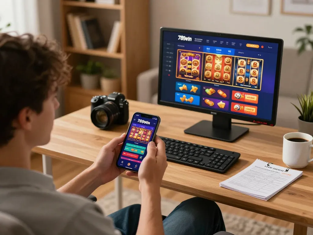 Engaging with the 789win casino app for strategic online gaming in a cozy home setup.
