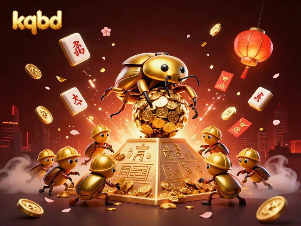 Engaging scene of kqbd illustrated with golden beetles and floating casino elements.