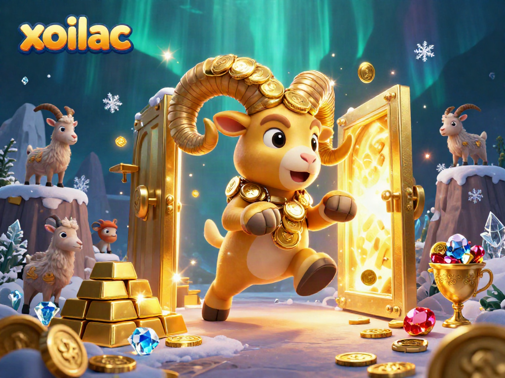 Experience thrilling xoilac moments with a dynamic illustration of a golden ram charging through a treasure vault.