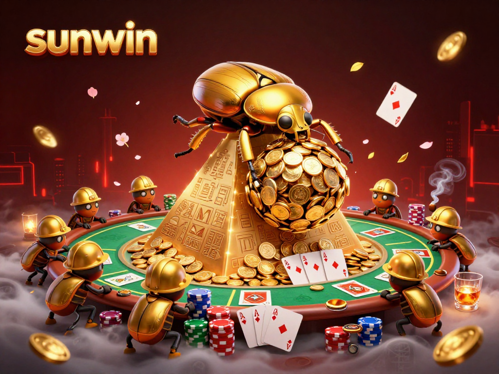 Experience the excitement of sunwin with a golden beetle rolling coins at a dynamic casino scene