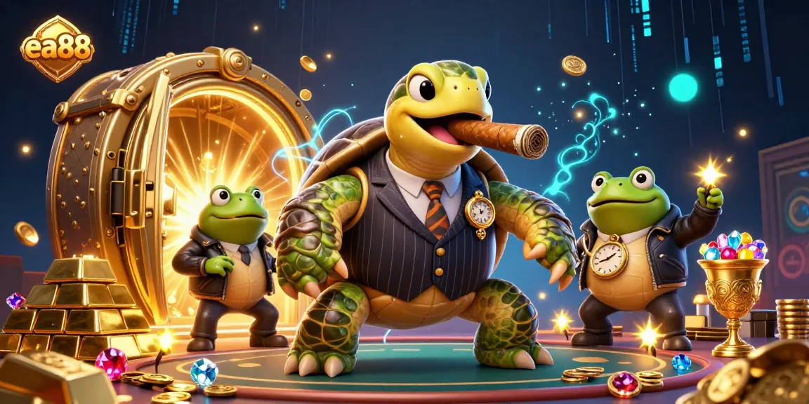 ea88 showcases a dynamic 3D scene with a mobster turtle and bullfrogs surrounded by treasures and casino lights.