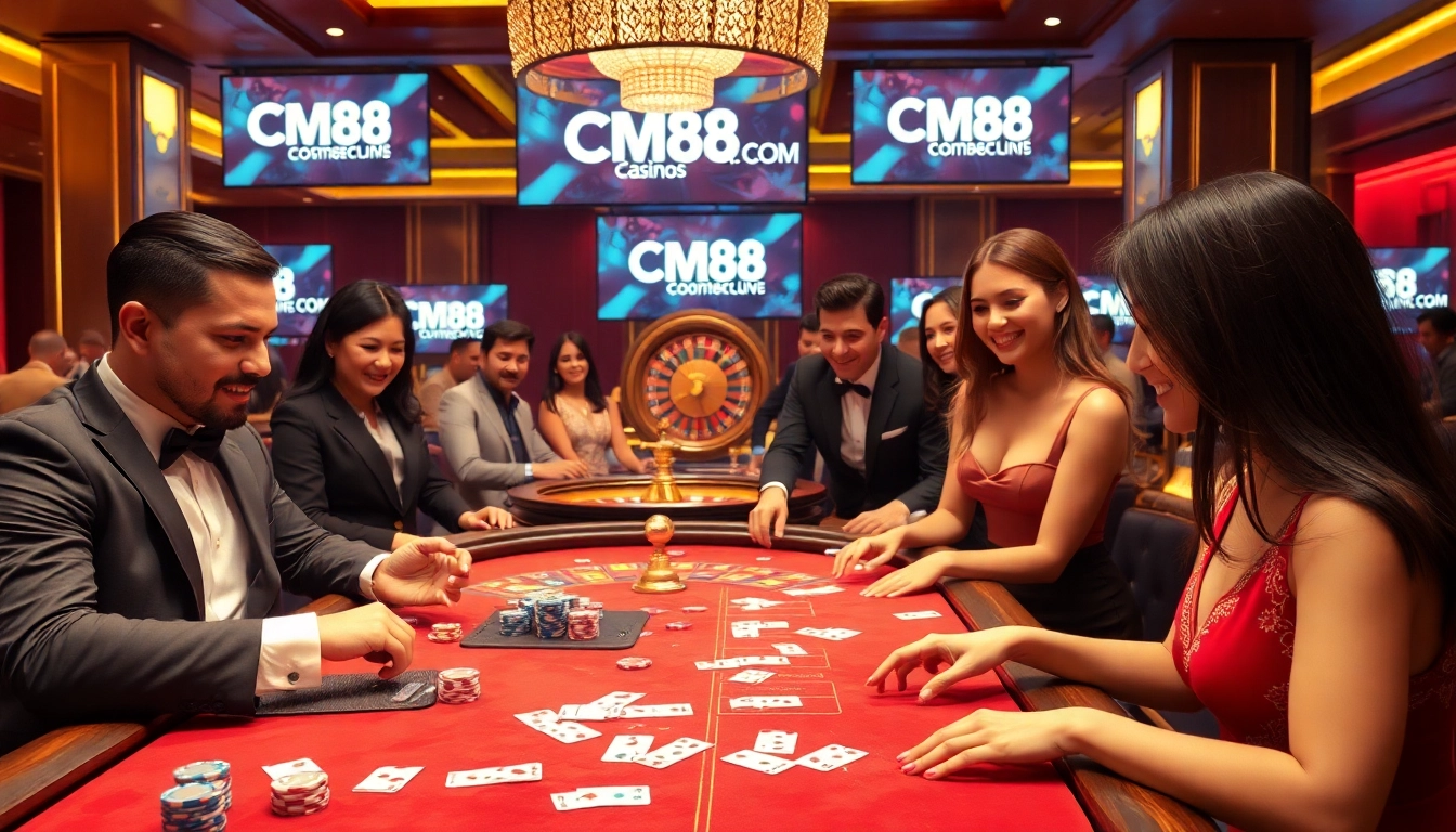 People enjoying a thrilling game at a casino table featuring CM88 COM branding and vibrant poker chips.