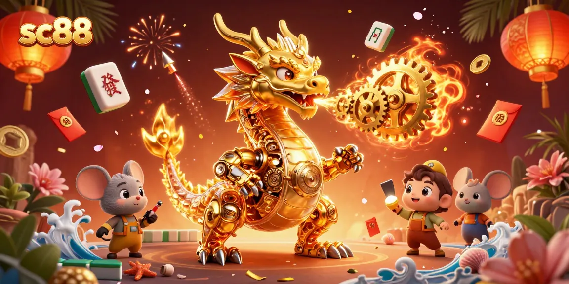 Experience excitement at SC88 as the golden dragon unleashes gears and cogs in this dynamic casino scene.