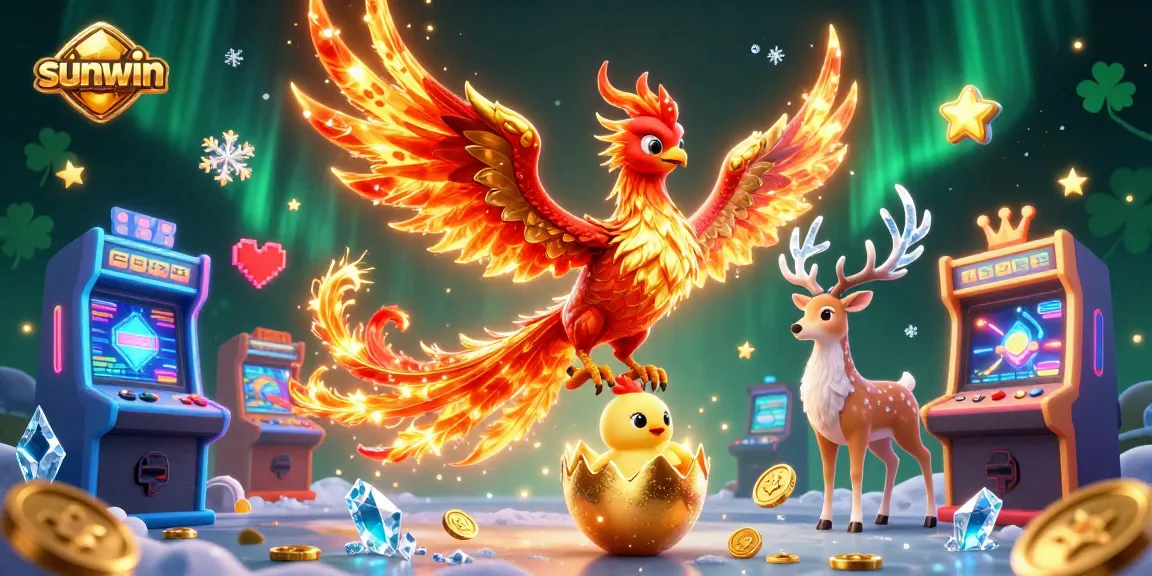 Experience thrilling slots gameplay with sunwin, featuring vibrant arcade machines and majestic phoenixes.