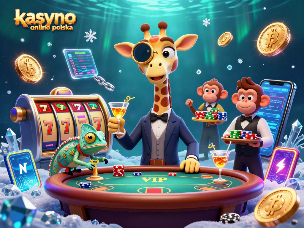 Experience kasyno online polska with a vibrant casino scene featuring a giraffe and monkey at a poker table.