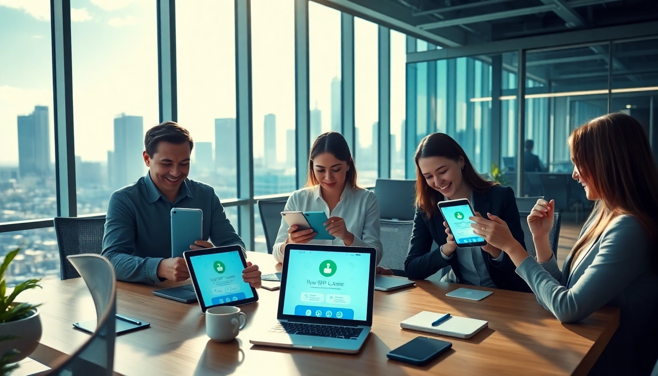 快连官网 showcases users enjoying seamless global internet connectivity through various devices in a modern office.