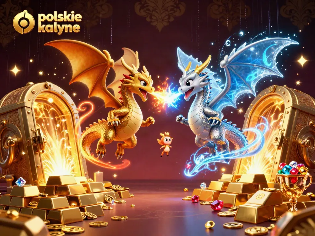 Experience the thrill at polskie kasyno online with dynamic dragons breathing fire and ice amidst treasure elements.