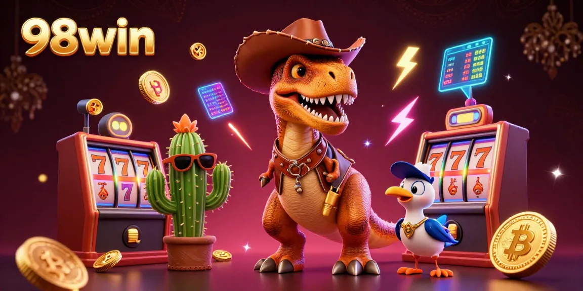 Spin the reels at 98win with a T-Rex cowboy, cactus buddy, and roadrunner in a lively 3D casino.