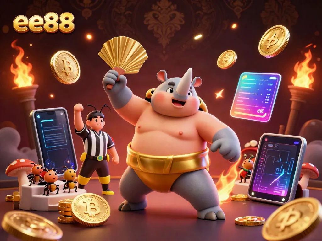 ee88 sumo beetle champion stomping coins with vibrant casino elements in a rich 3D scene