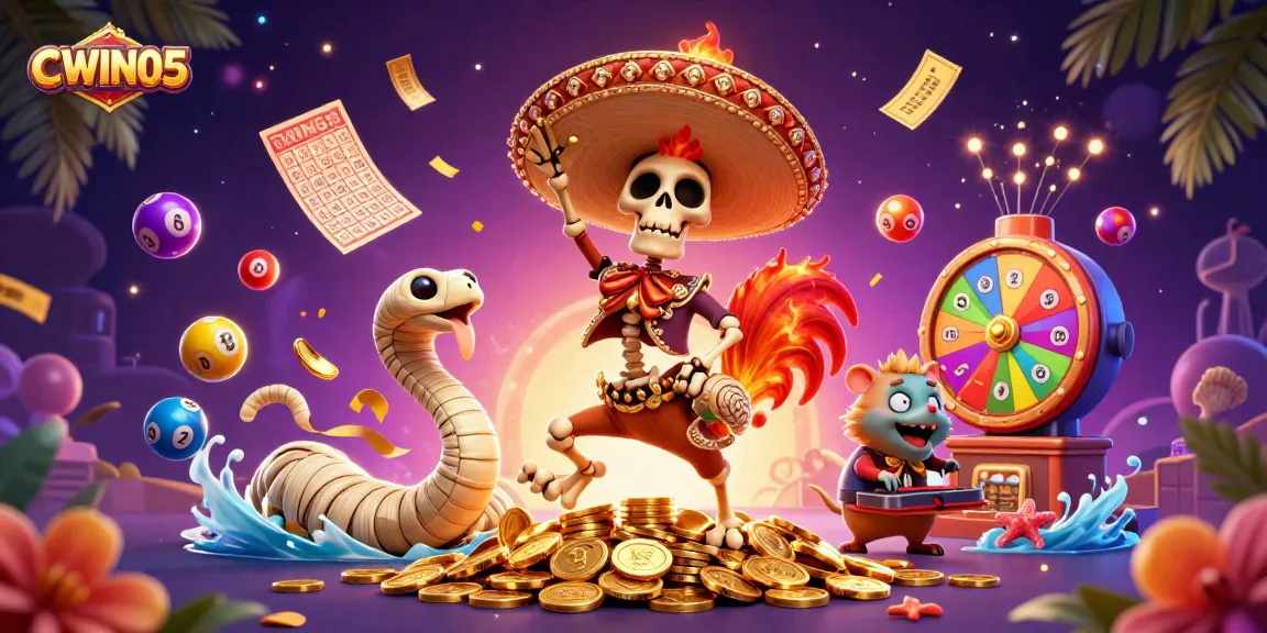 CWIN05 celebrates casino excitement with a vibrant scene of lucky characters enjoying games and prizes.