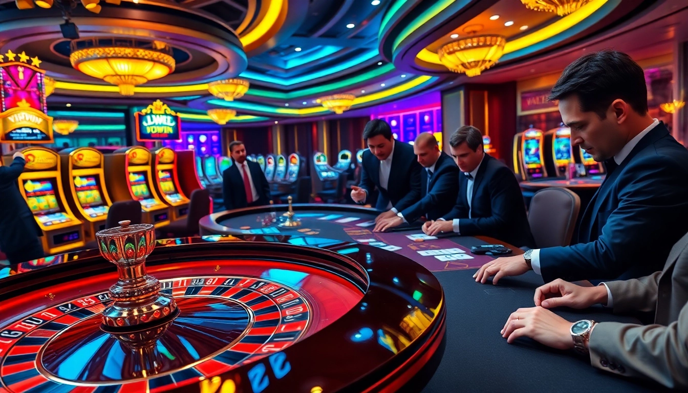 Players enjoying the excitement of high-stakes gaming at the luxurious Vipwin casino, featuring roulette and poker.