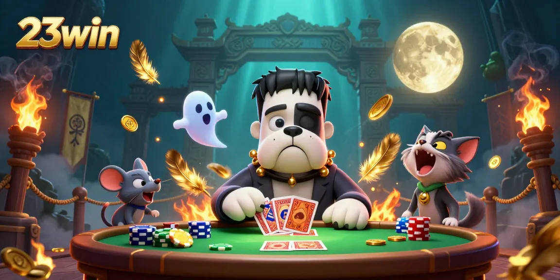 Engage in thrilling gameplay at 23win with a unique 3D cartoon scene featuring a Frankenstein bulldog dealer.