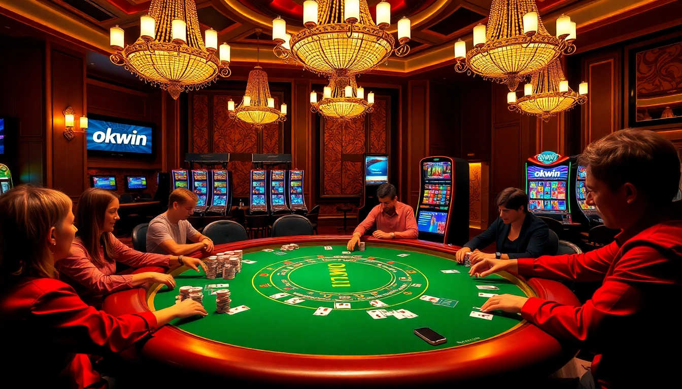 Experience excitement at okwin with a luxurious casino setting featuring baccarat and vibrant slot machines.