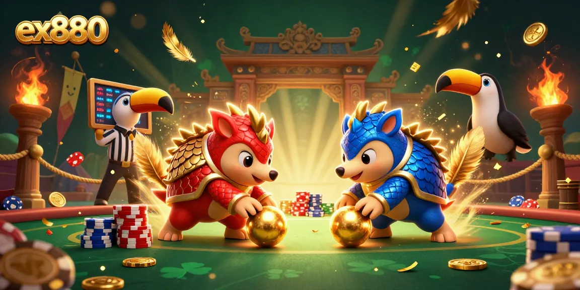 Engage in a thrilling ex880 game with pangolins rolling golden balls and poker chips.