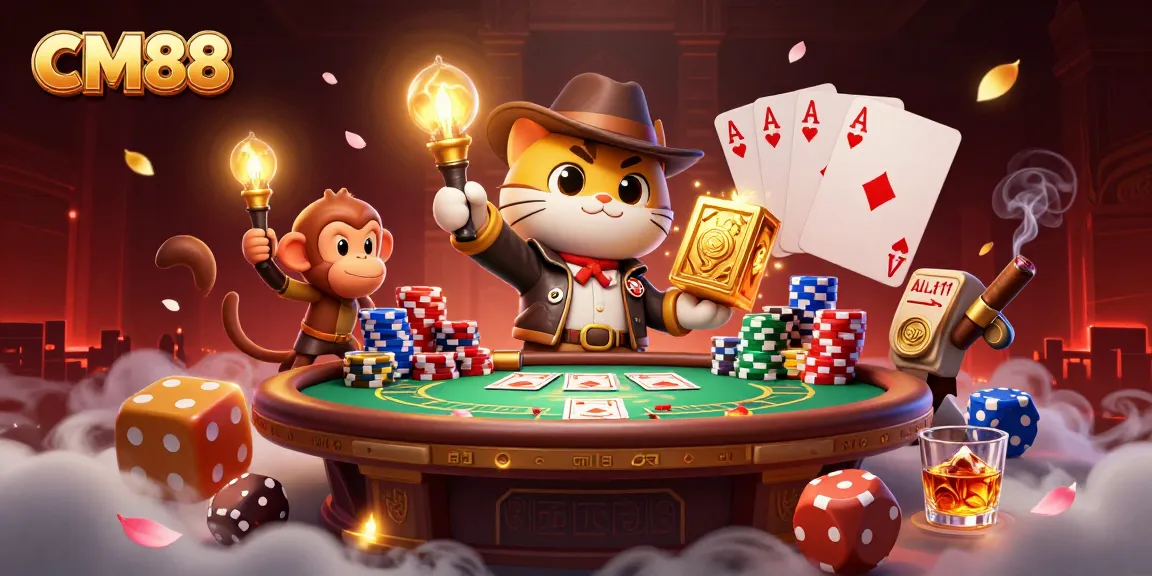 Join CM88's vibrant scene as a cat explorer unveils an extravagant casino treasure with a monkey companion.