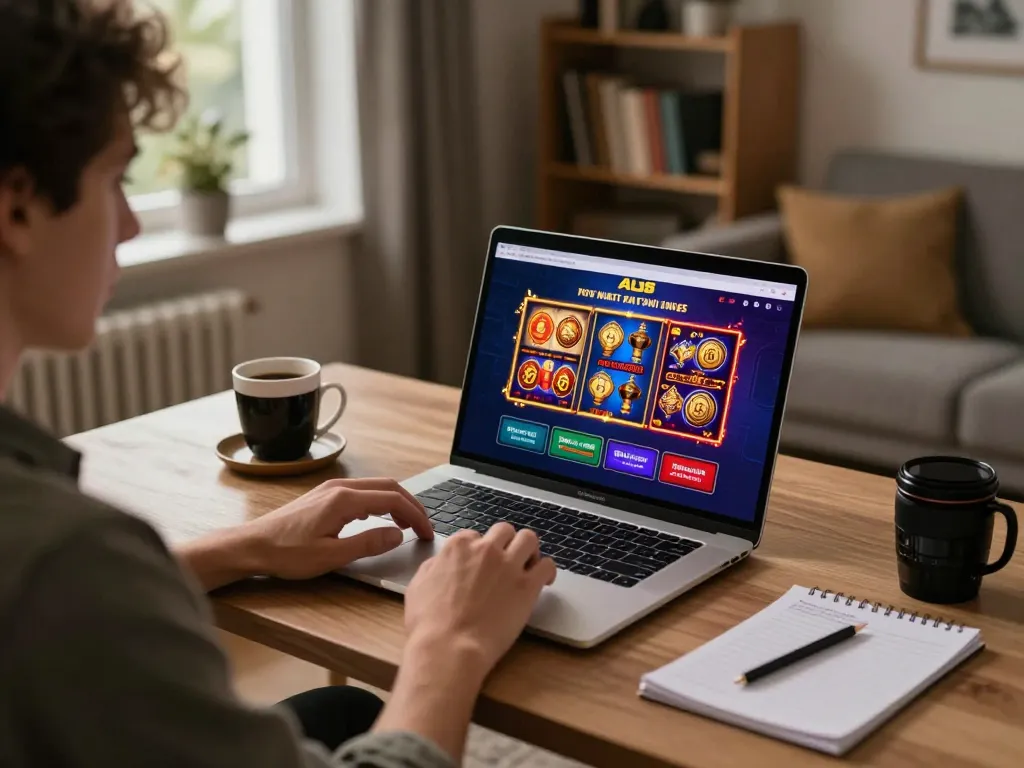 Player enjoying online gaming at ALO8 casino on a laptop, showcasing vibrant game graphics and a cozy home setup.