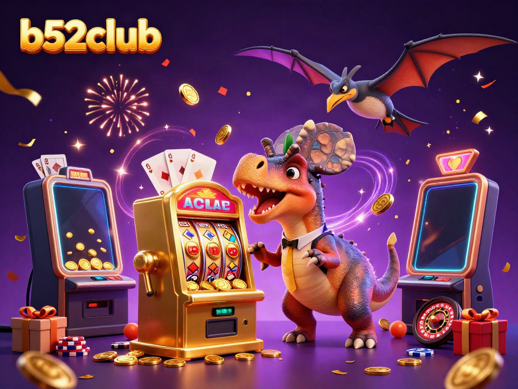 B52Club chaos as a pachycephalosaurus hits a jackpot while a panicking manager and pteranodon catch coins.