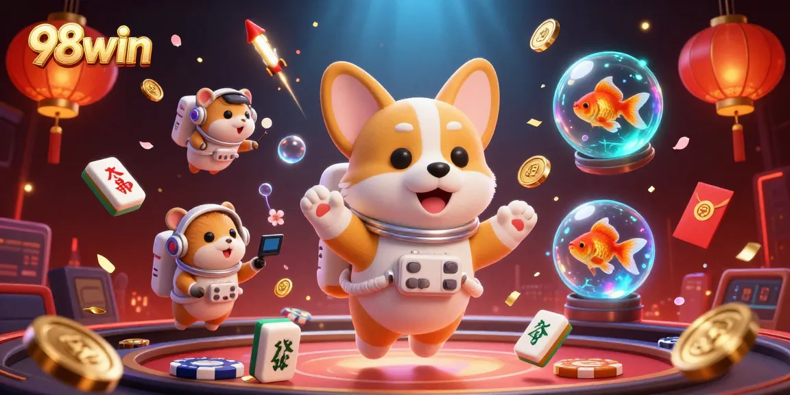 Experience thrilling adventures with 98win in a vibrant casino space, as the astronaut corgi plays games.