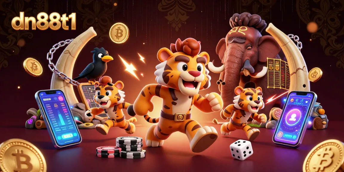Engage in thrilling action at dn88t1 with a vibrant illustration of cavemen and crypto elements.