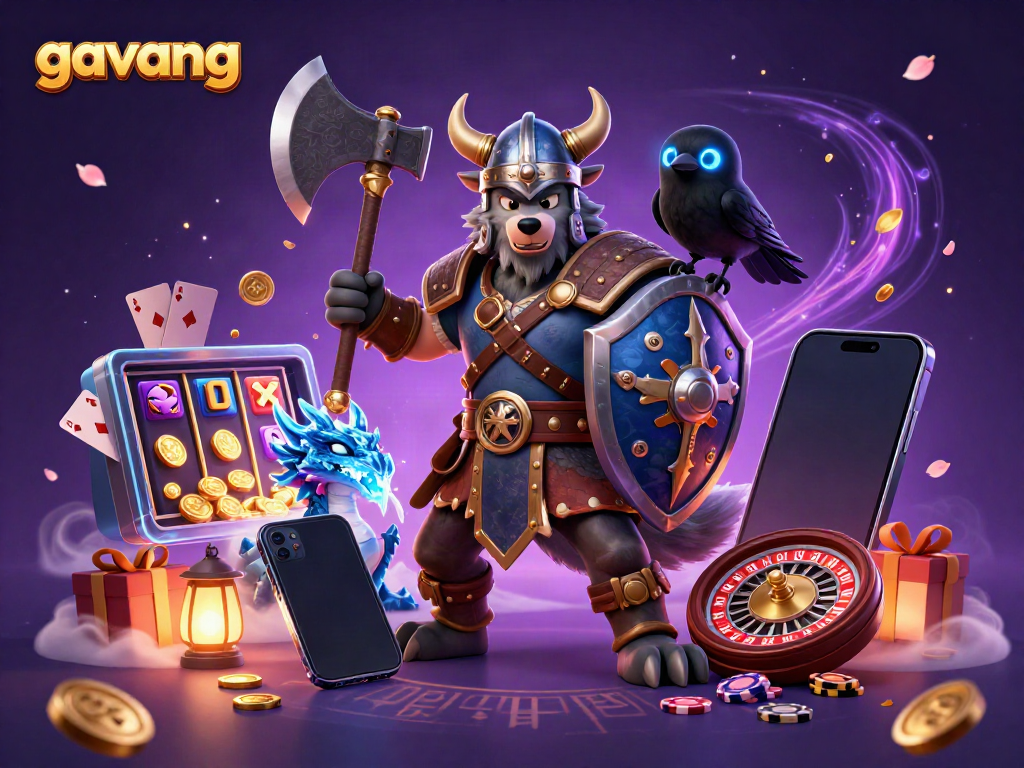 Watch the Viking wolf warrior in the action-packed gambling world of gavang, surrounded by dynamic gaming elements.