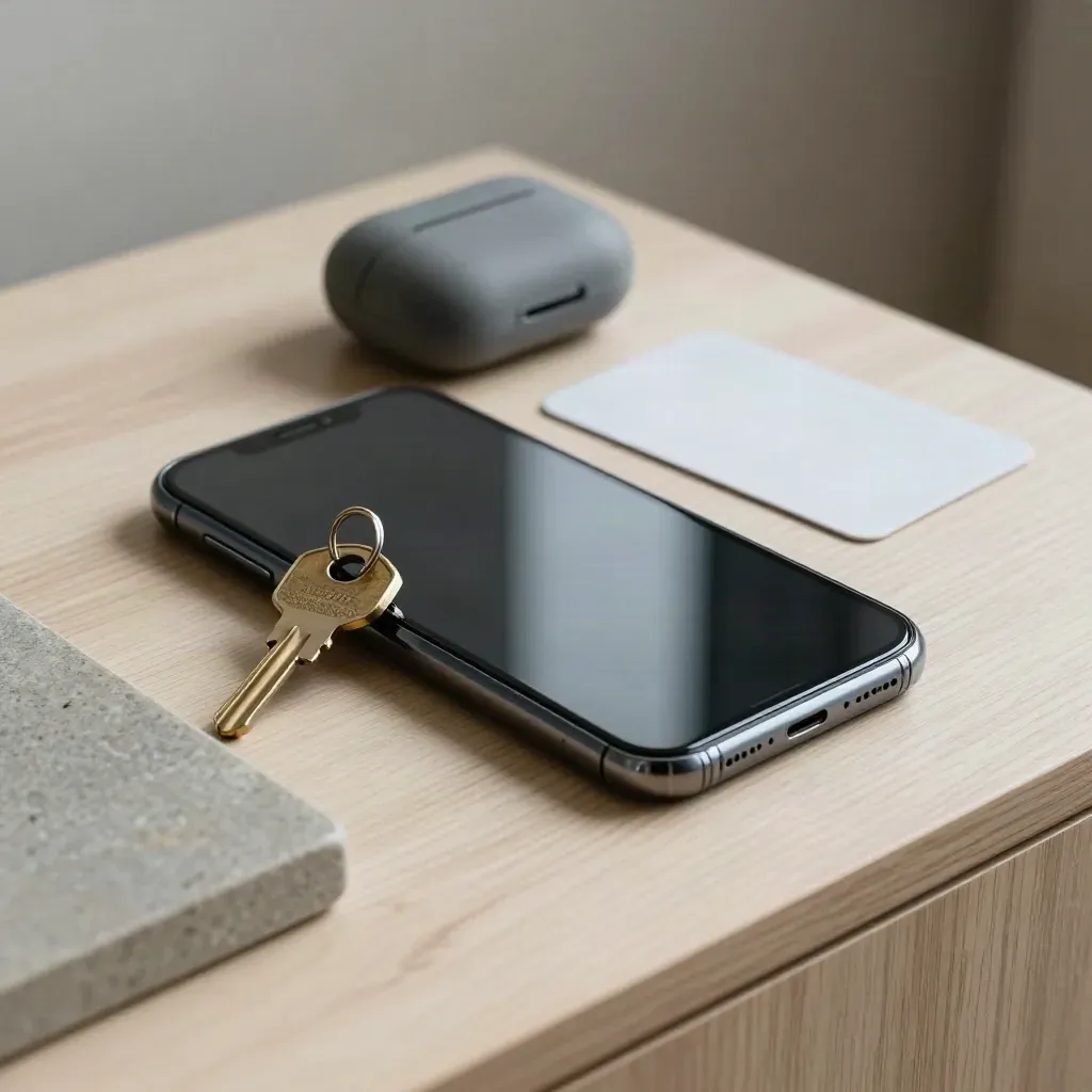 Smartfon, brelok i etui słuchawkowe na kamiennej tacy przy jasnym dębie.