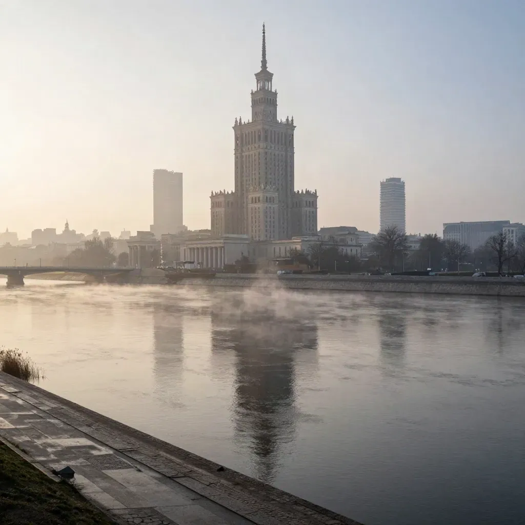 Panorama Warszawy nad Wisłą o świcie, Pałac Kultury wysoko nad mgłą i rzeką.