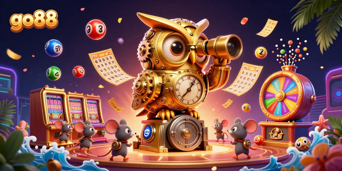 Experience go88's vibrant gaming scene with a golden owl and animated elements of luck and rewards.
