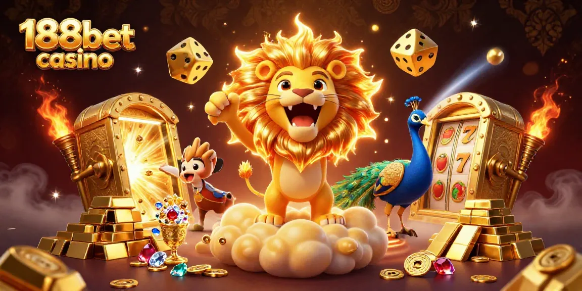 Experience thrilling action at 188bet casino with vibrant visuals of games and golden treasures.