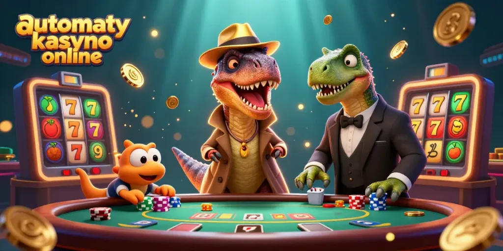 Experience thrill with automaty kasyno online as cartoon velociraptor tries to win at blackjack.
