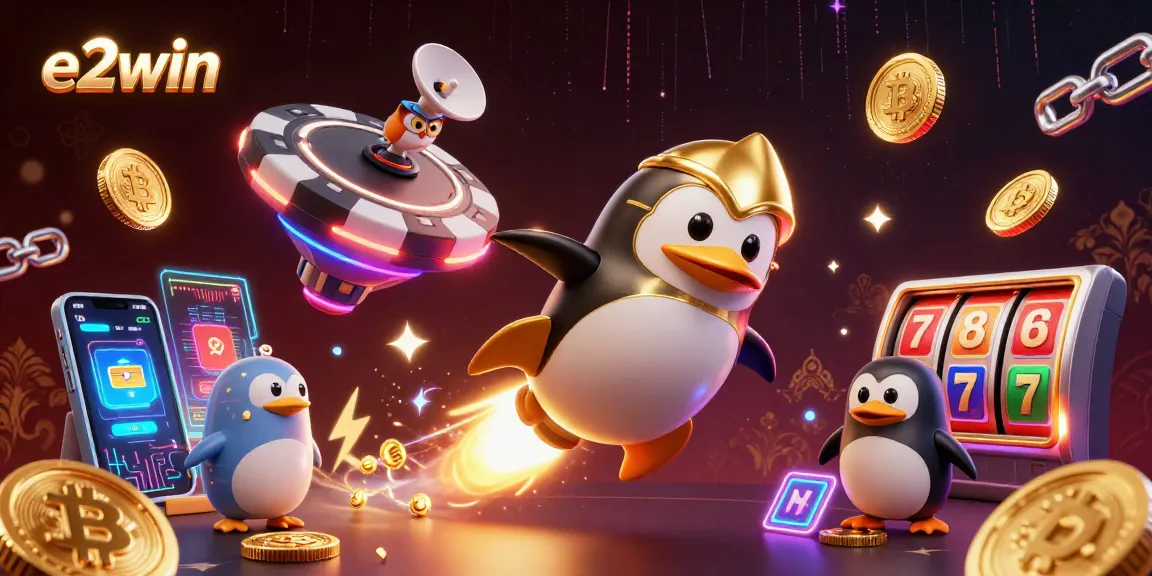 Bet on e2win and join the action with golden coins and a colorful casino scene.