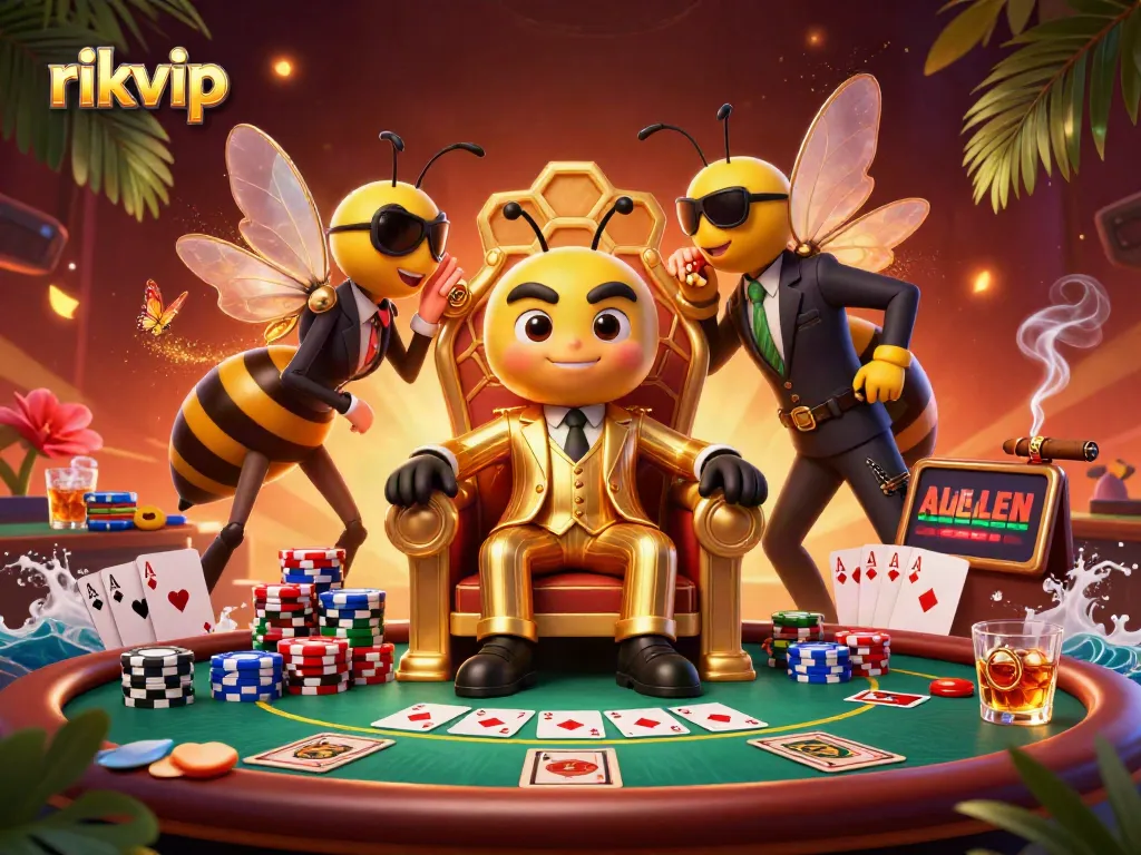 rikvip game scene featuring a bumblebee mob boss at a poker table, showcasing dynamic game action