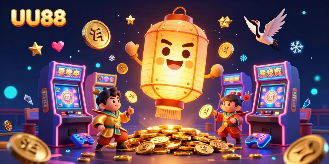 Engage with vibrant UU88 gaming visuals, featuring a golden lantern spirit and arcade elements in a dynamic casino scene.