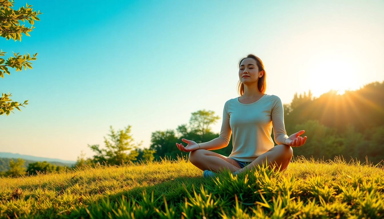 Emphasizing emotional wellbeing, a person meditates peacefully in a serene natural setting.