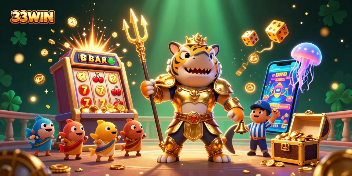 33WIN showcases an exciting underwater casino world featuring a tiger shark warrior amidst a jackpot explosion.