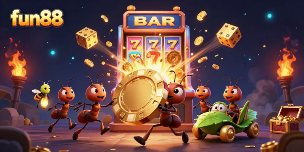 Engaging illustration of fun88-themed heist with playful ants and casino elements.