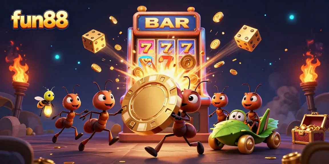 Engaging illustration of fun88-themed heist with playful ants and casino elements.