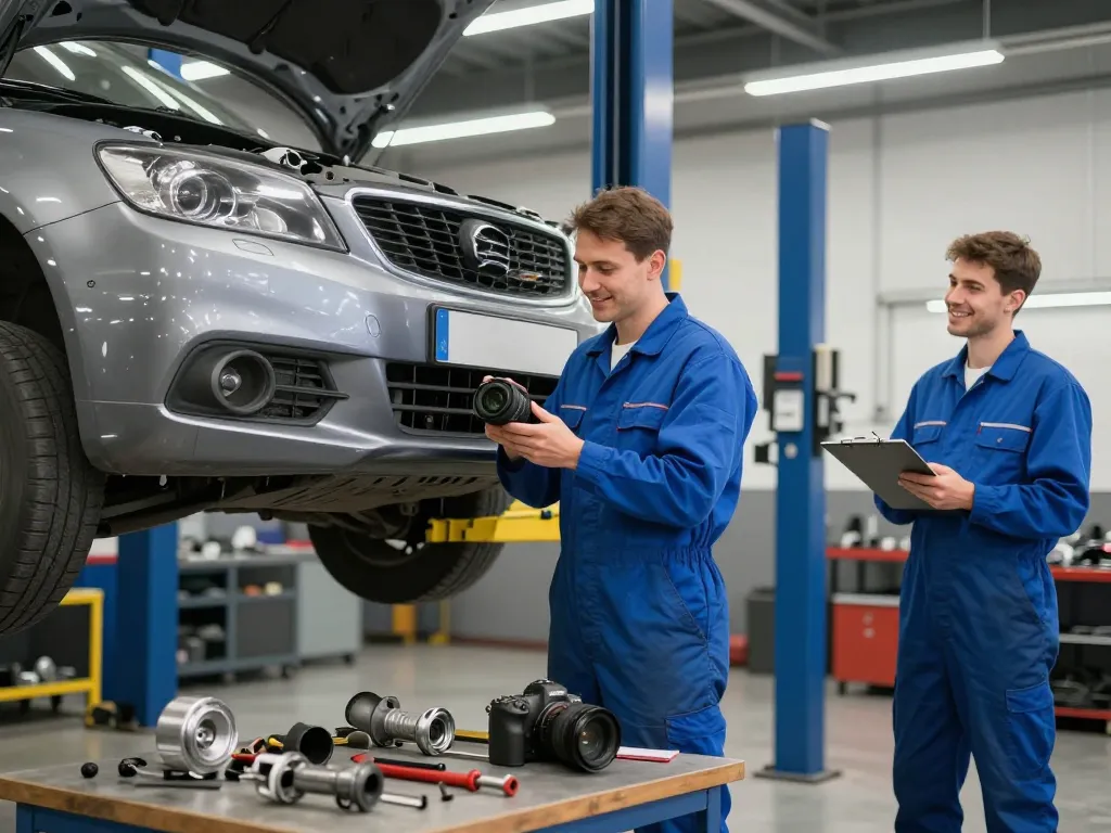 Mechanik sprawdzający pojazd w zakładzie autozłomu Katowice z narzędziami i częściami wokół.