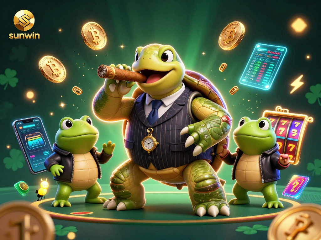 Engage with sunwin's vibrant casino scene featuring a mobster turtle and bullfrogs amidst Bitcoin and slot reels.
