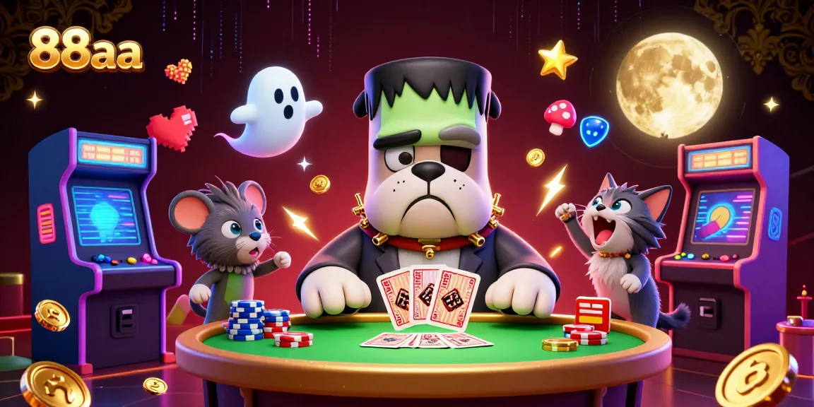 88aa showcases a lively scene with a Frankenstein bulldog and a werewolf kitten in a vibrant casino.