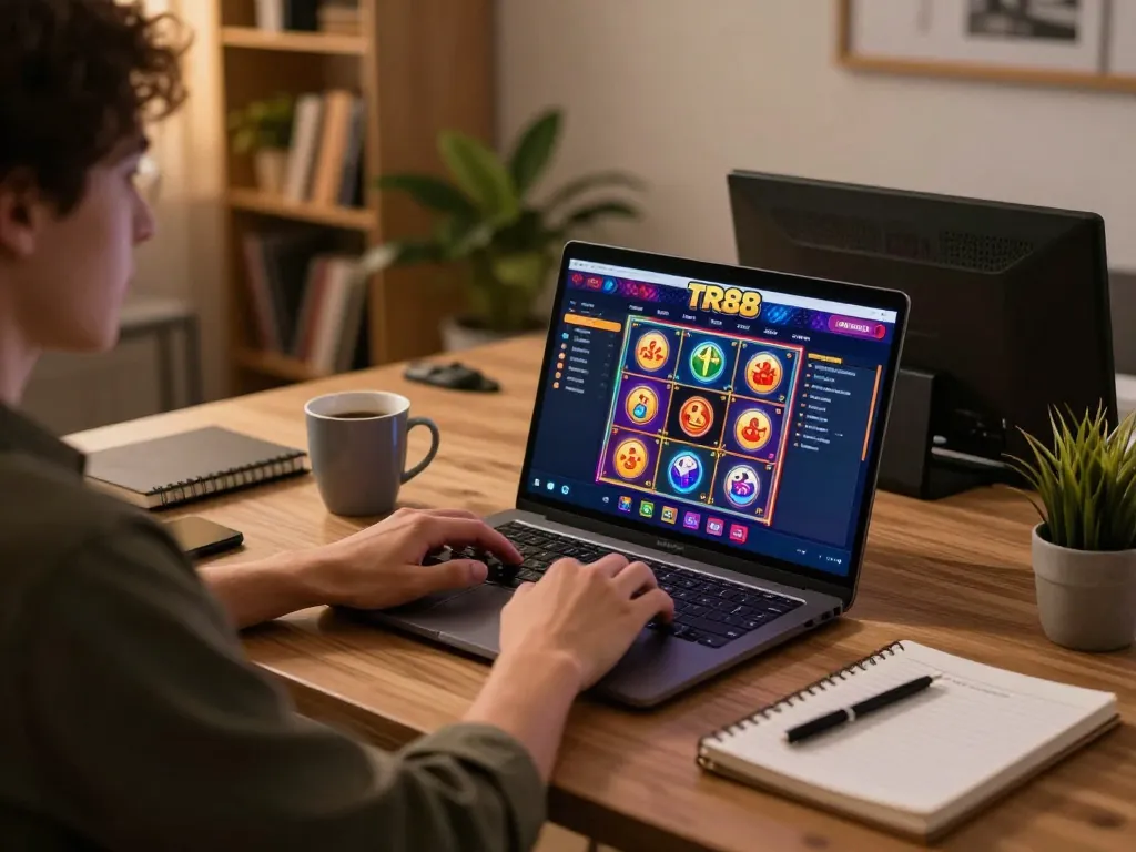 Player engaging with TR88 online casino, showcasing colorful gaming interface in a cozy home office